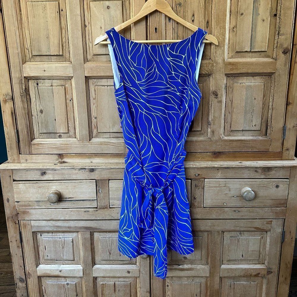 Susana Monaco‎ 6 Royal Blue White Dress Sleeveless Belted Tank Printed Sheath